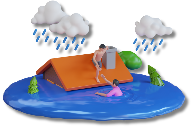 3D Flood in town, natural disaster with rain at countryside area with flooded buildings. Flood natural disaster with house, heavy rain and storm , damage with home, flooding water in city