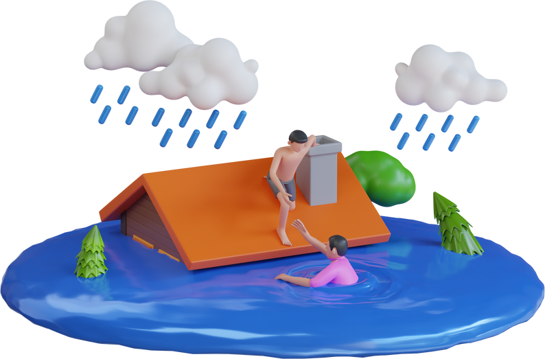 3D Flood in town, natural disaster with rain at countryside area with flooded buildings. Flood natural disaster with house, heavy rain and storm , damage with home, flooding water in city